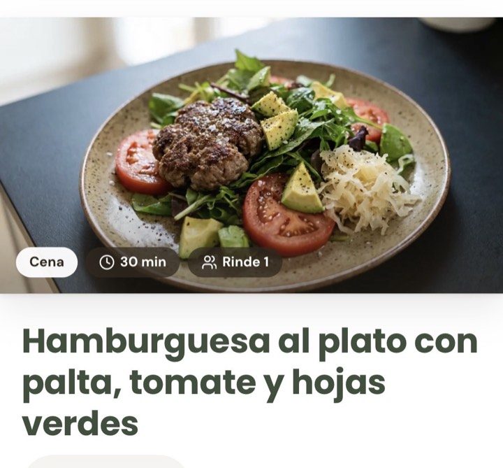 Captura de la app: la receta de hamburguesa al plato con palta, tomate y hojas verdes, 30 minutos, rinde 1.
