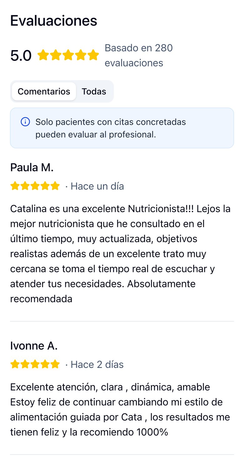 Captura de las evaluaciones en Encuadrado: 5.0 basado en 280 evaluaciones, con el aviso de que solo pacientes con citas concretadas pueden evaluar, y las reseñas de Paula M. e Ivonne A.