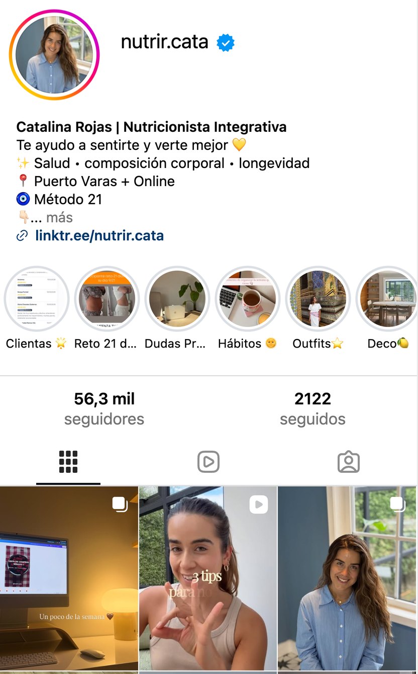 Captura del perfil de Instagram nutrir.cata con insignia de verificación: Catalina Rojas, nutricionista integrativa, Puerto Varas y online, 56,3 mil seguidores.